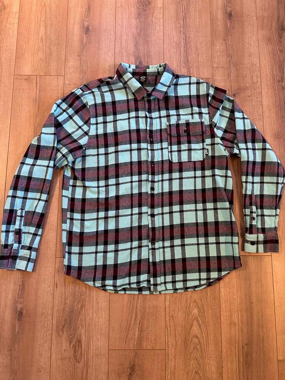 Neff Men's Plaid Button-Down Flannel Shirt in Mint & Burgundy